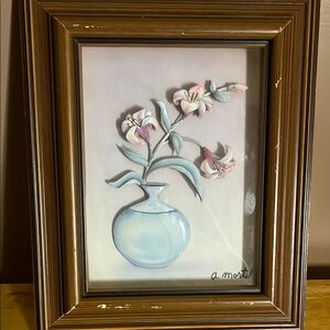 Framed floral decoupage signed A. Mortel